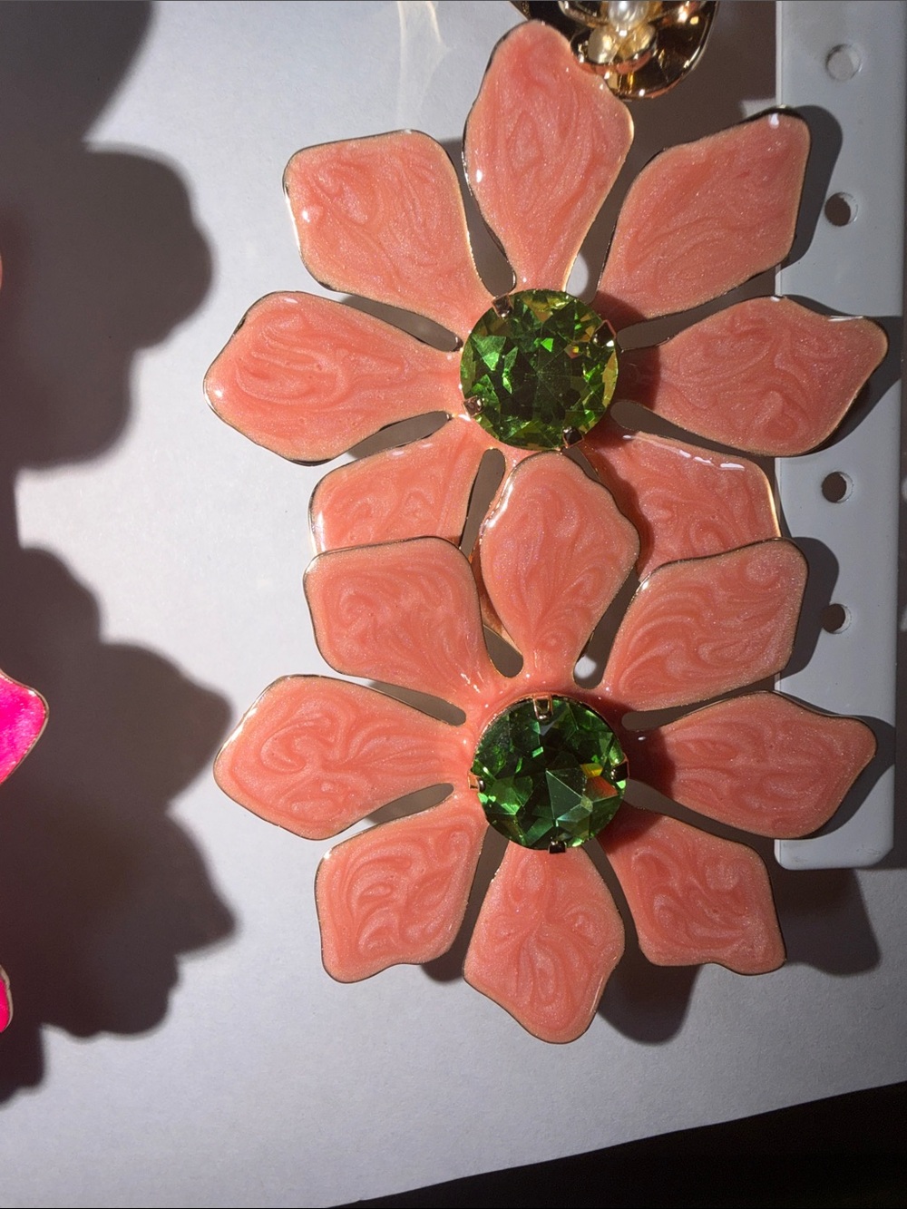 Peach Flower Drop Earrings with Green Crystal Centers